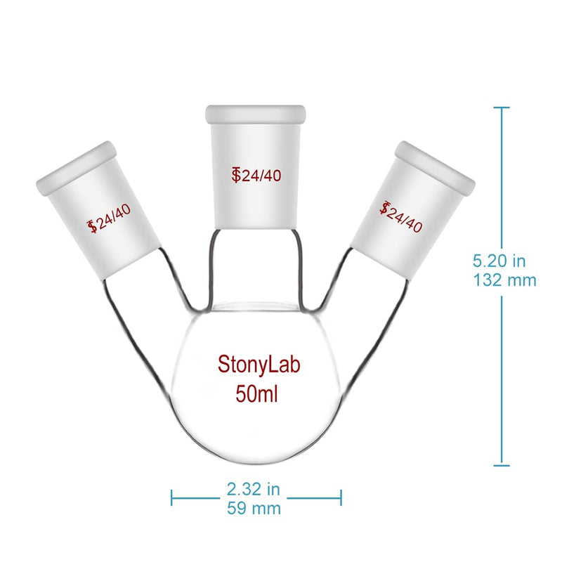 StonyLab Glass 50ml Heavy Wall 3 Neck Round Bottom Flask RBF, with 24/40 Center and Side Standard Taper Outer Joint – 50ml 50 ml