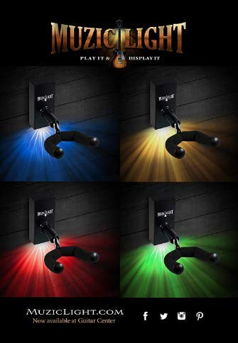MuzicLight Guitar Wall Hanger and Guitar Wall Mount Bracket Holder for Acoustic and Electric Guitars with Illuminated LED Display ambient lighting (Green LEDs)