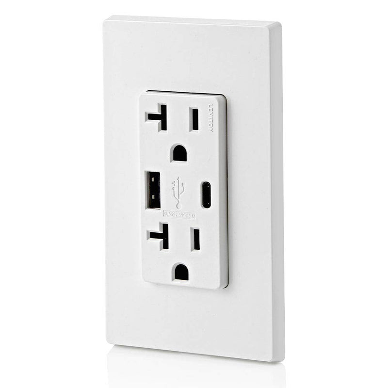 Leviton T5833-W 20-Amp Type-C USB Charger/Tamper Resistant Receptacle, White Tamper Resistant