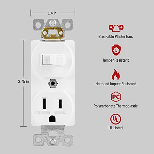 ENERLITES Combination Single Pole Toggle Switch 15A/120VAC and Tamper-Resistant Receptacle 15A/125VAC, Residential Grade, UL Listed, 62150-TR-W, White, 1 Pack