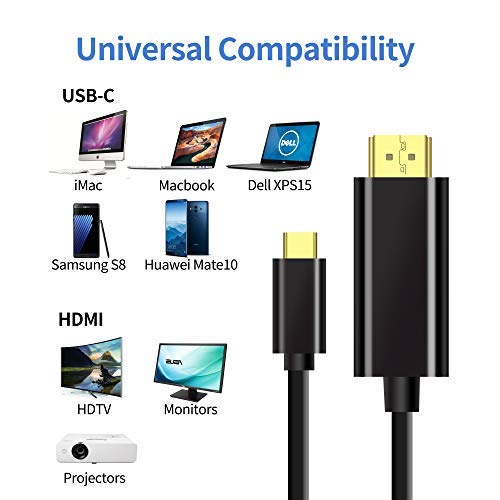 USB C to HDMI Cable 6 Feet 4K@60Hz Thunderbolt 3 to HDMI Compatible with MacBook Pro 2018 2019 iPad Pro MacBook Air 2018 2019 Surface Book 2 iMac ChromeBook Galaxy S9