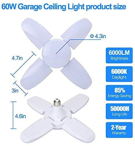 LED Garage Light 2 Pack,Pruned Deformable Ceiling Led Lights,60W LED Garage Light E26 CRI 80 6000LM 6500K Daylight White 4 Adjustable Panels,Deformable Shop Lights for Workshop Basement Lighting