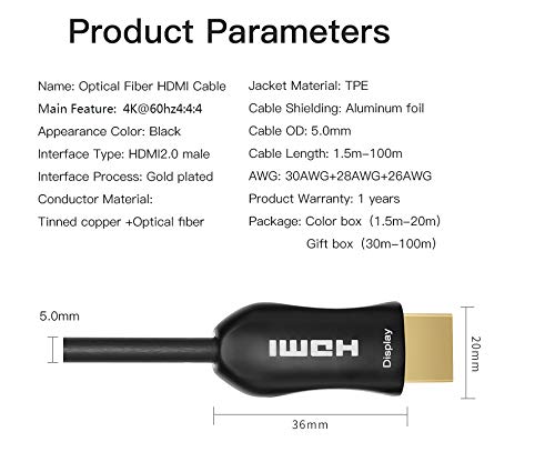 Fiber Optic HDMI Cable - 25FT ARC HDMI2.0 18Gpbs 4k@60 4:4:4 - PET Braided Cord and Gold Plated Connector Support 4K, UHD 2160p, HD 1080p, 3D, Xbox 360, PS4, Computer 25ft(8meters)