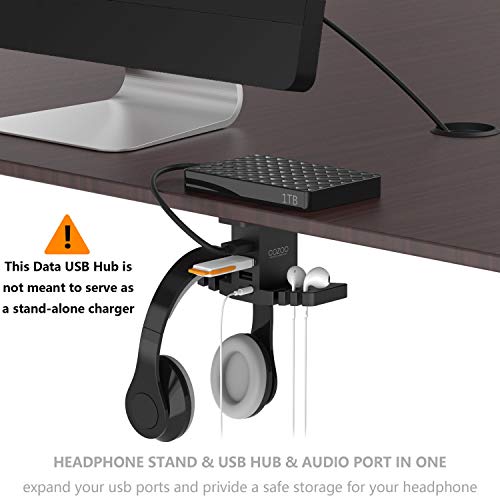 Headphone Stand with USB Hub COZOO Under Desk Headset Hanger Mount Dual Hook Holder with 3 USB Ports(usb3.0+usb2.0) and 3.5mm Jack AUX Port(Audio/Mic) External Sound Card for Gamer, DJ Earphone