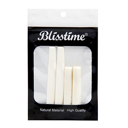 Blisstime 2 Sets (4pcs) 6 String Acoustic Guitar Bone Bridge Saddle and Nut Made of Real Bone with 3 Sand Paper