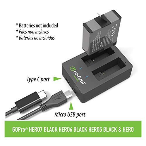 Re-Fuel Dual Battery Charger for GoPro Hero8 Black, Hero7, Hero6 & Hero5 with Type-C & Micro USB Port - Includes 3.3ft Micro USB Charging Cable - Black