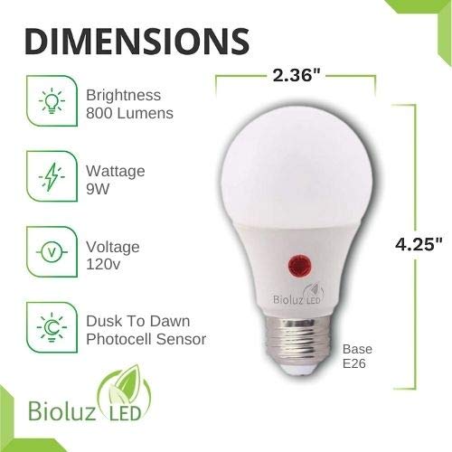 Bioluz LED Dusk to Dawn A19 Bulb Photocell Photosensor Auto On/Off, 9W, UL, Instant ON and 3 Min Delay Off, 3000K Soft White, Indoor/Outdoor Lighting Lamp Garage, Hallway, Yard, Porch
