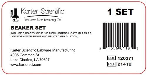 Karter Scientific 214T2, 3.3 Boro, Griffin Low Form, Glass Beaker Set - 3 Sizes - 50ml, 100ml, 250ml 50 / 100 / 250mL STANDARD