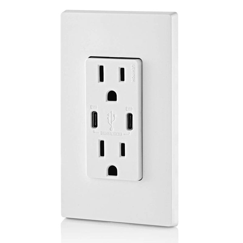 Leviton T5635-W USB Dual Type-C with Power Delivery (PD) In-Wall Charger with 15 Amp, 125 Volt Tamper-Resistant Outlet, White