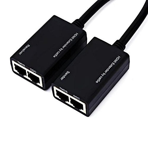 Paddsun HDMI Extender Over RJ45 CAT5e CAT6 LAN Ethernet Network Balun Adapter Repeater Up to 100ft 1080P HDMI Cable(30M Sender + Receiver, 2 Ports RJ45)