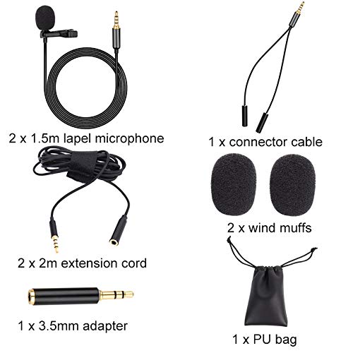 ILamourCar 2 Pack Professional Lavalier Lapel Microphone, Clip on Mic 3.5mm Omnidirectional Condenser Mic Complete Set Audio Recording Mic for Android/iPhone/PC/Camera for YouTube, Video Conference