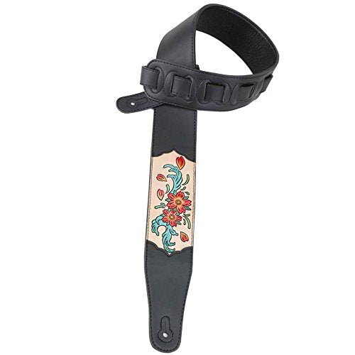 Walker & Williams CVG-165 Black Leather Padded Guitar Strap with Hand Carved Red & Blue Flowers