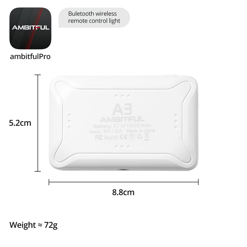 [AUSTRALIA] - AMBITFUL A3 Full Color RGB LED Mini Light, Built-in FX Effects,350LX(0.5M,5500K) RA/95 TLCI/97,2800-6800K LED Video Light Panel with Mobile APP Control (White) White 