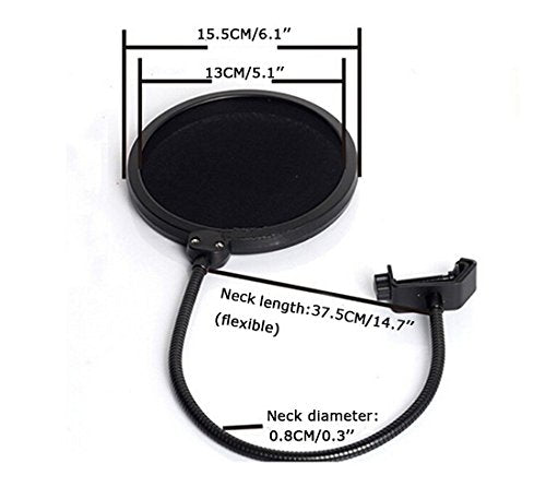 INTBUYING 6 inch Studio Microphone Pop Filter Shield For Any Dual Layered Wind Pop Screen With Flexible 360° Gooseneck Stand Clip Stabilizing Arm
