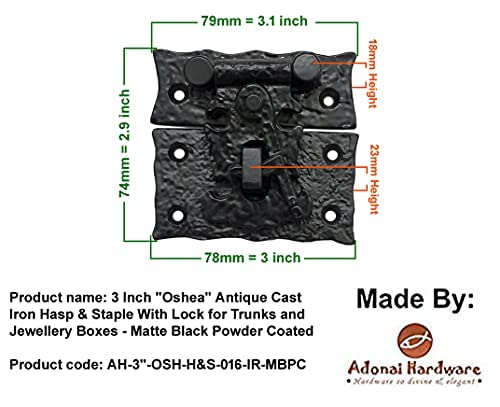 Adonai Hardware 3 Inch"Oshea" Antique Cast Iron Hasp & Staple with Lock for Trunks and Jewellery Boxes - Matte Black Powder Coated, Antique Hardware, Cabinet Hardware 1