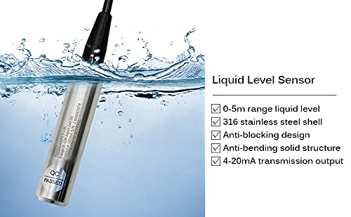 4-20MA Output Integral Level Transmitter Liquid Oil Water Level Sensor Probe 304 Stainless Steel with 0-5M Measure Range 6M Cable Detect Controller Float Switch for Pump DC10-30V Power Supply
