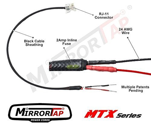 MirrorTap MTX-1010, RJ-11,10" Long Overall Length, Patented Radar Detector Power Cord with 2 Amp in-Line Fuse, Military Grade Taps, Made in USA RJ-11 - 10" Long