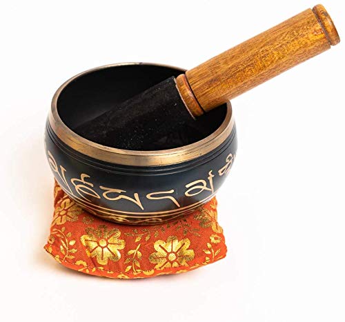 SATNAM - Tibetan Brass Meditation Singing Bowl Set for Relaxation and Healing - With Traditional Design comes with Wooden Striker and Cushion - Handmade in India Black