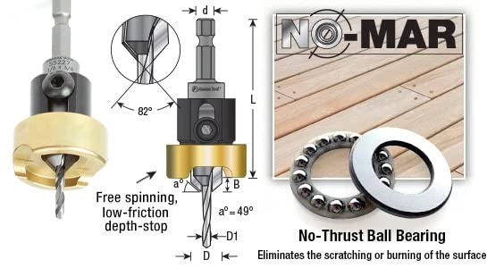 Amana Tool - (55227) Carbide Tipped 82° Countersink with Adjustable Depth Stop & No-Thrust Ball Bearing, 3/8 Dia x 1/8 Drill 3/8 D x 1/8 Drill D x 1/4 Inch
