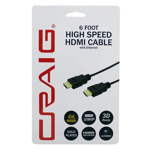 Craig CC3000B High Speed HDMI Cable with Ethernet Extender Cable | 6 ft High Definition Multimedia Interface Cable with Ethernet | Supports 4K & 1080p Video Transferring | 6-Feet