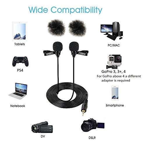 Dual Lavalier Microphone Dual Head 2 Microphones great for Voice Recording, Smartphones, Cameras etc