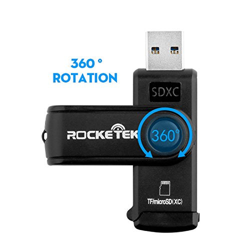 USB 3.0 SD Card Reader, Rocketek 2 Slots Memory Card Reader with a Build-in Micro SD Card Cap for SDXC/SDHC/UHS-I SD Cards, TF/Micro SD Cards Reader - Take It as a USB 3.0 Flash Drive