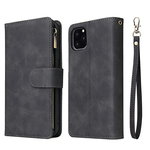 ZZXX iPhone 12 Case Wallet,iPhone 12 Pro Wallet Case with Card Slot Premium Soft PU Leather Zipper Flip Folio Wallet with Wrist Strap Kickstand Protective for iPhone 12 Wallet Case(Black 6.1 inch) Black iPhone 12/12 Pro