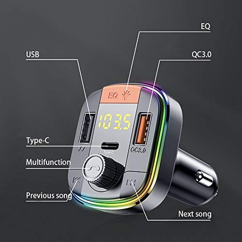 Letide Bluetooth FM Transmitter for Car, BT5.0 and QC3.0 Wireless Bluetooth FM Audio Adapter Music Player Car Kit with LED Backlit SD Card Slot, Supports USB Flash Drive with Cable