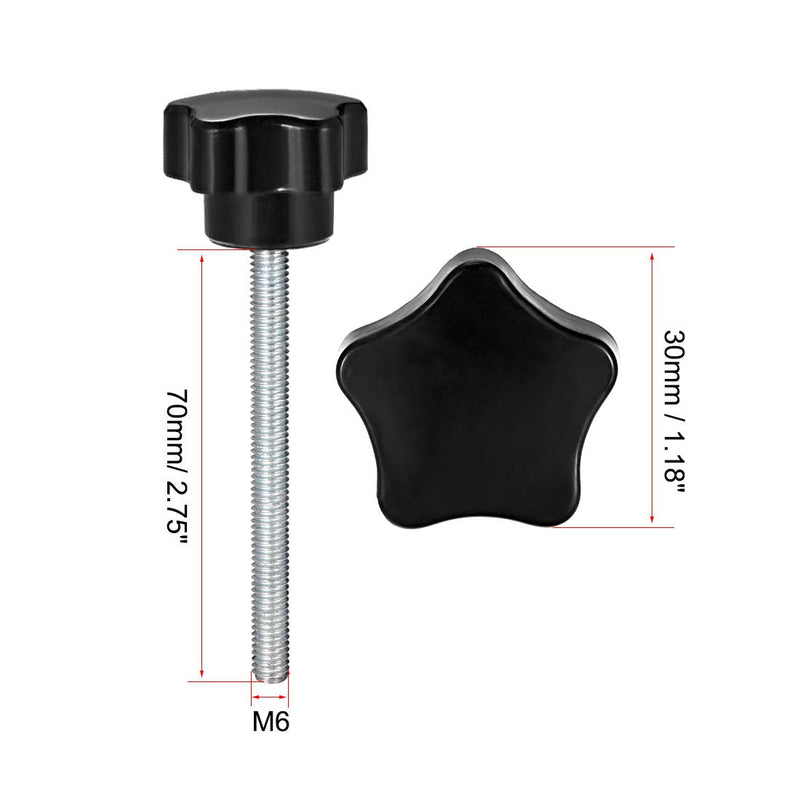 uxcell 4 Pcs Star Knobs Grips M6 x 70mm Male Thread Steel Zinc Stud Black PP