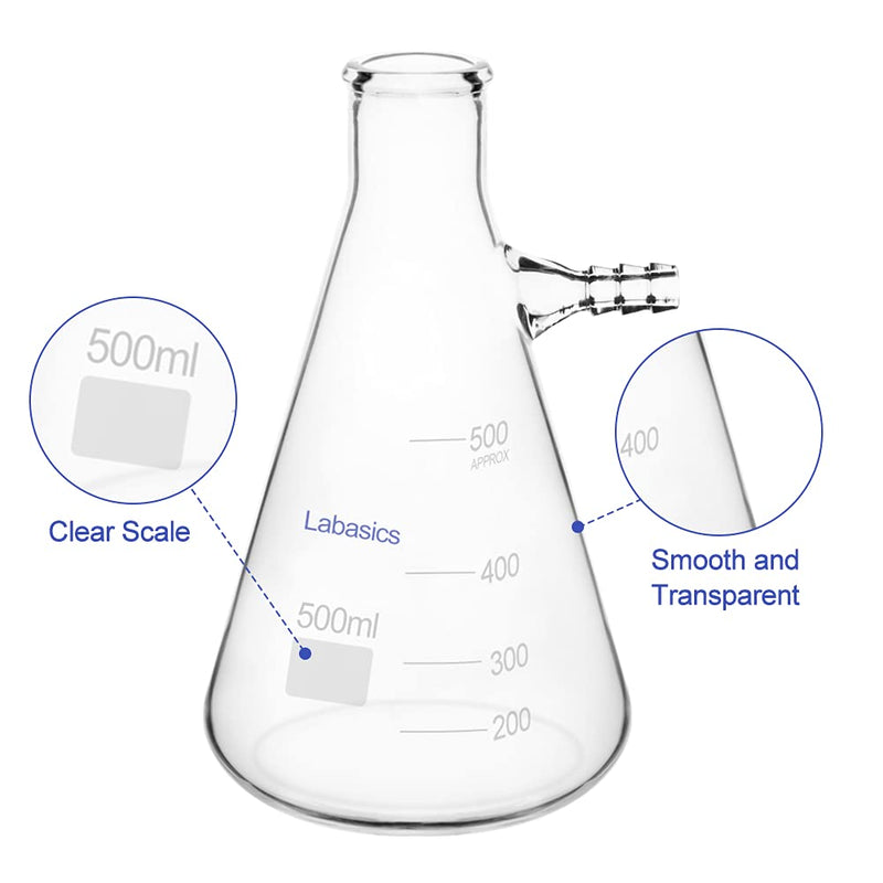 Labasics Glass 500 ml Heavy Wall Borosilicate Glass Filtering Flask, Bolt Neck with Tubulation, 500 ml