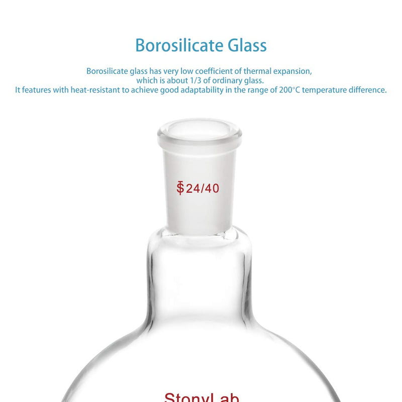 StonyLab Glass 1000ml Heavy Wall Single Neck Flat Bottom Boiling Flask, with 24/40 Standard Taper Outer Joint, 1000ml 1000 mL