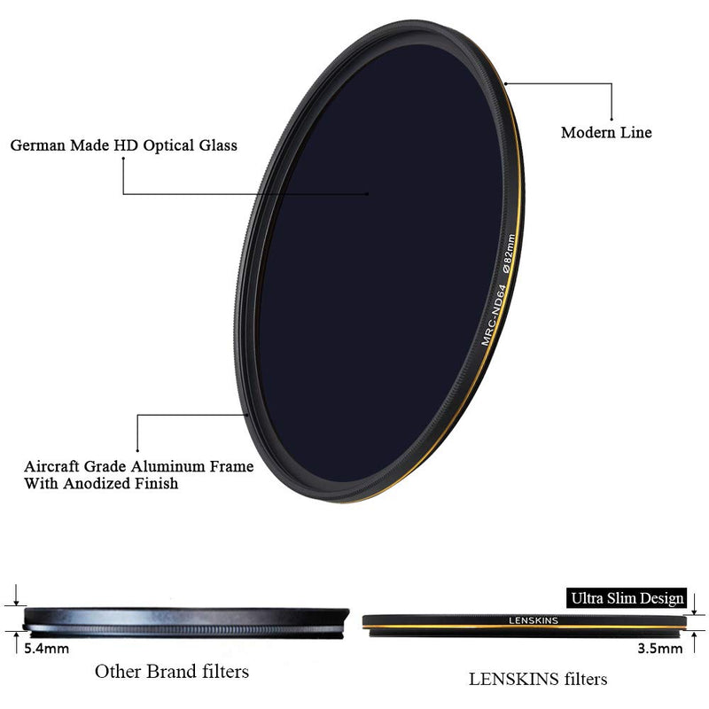 LENSKINS 82mm ND64 Filter, 6 Stop Neutral Density Filter for Camera Lenses, 16-Layer Multi-Resistant Coated, German Optics Glass, Weather-Seal ND Filter with Lens Cloth ND82