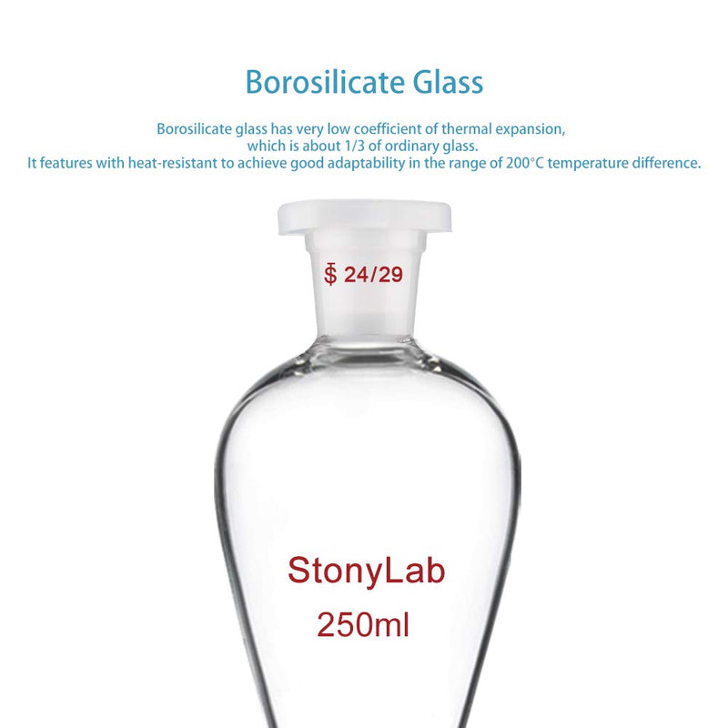 StonyLab Borosilicate Glass 250ml Heavy Wall Conical Separatory Funnel with 24/29 Joints and PTFE Stopcock - 250ml 250 mL