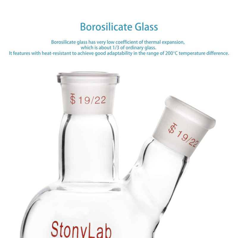 StonyLab Glass 100ml Heavy Wall 2 Neck Round Bottom Flask RBF, with 19/22 Center and Side Standard Taper Outer Joint - 100mL 100 ml