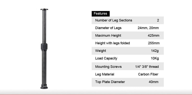 Sunwayfoto ET-02 CF Tripod Extension Tube Carbon Fibre Fiber 2 Section Extender