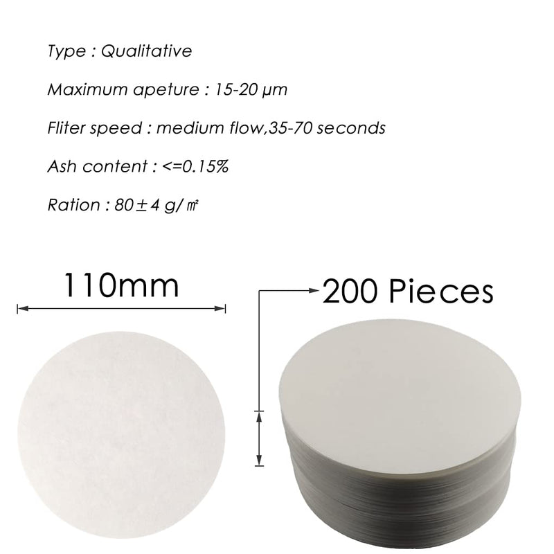 HeyWin 200 Packs Qualitative Filter Paper Chemistry,Diameter of 110mm Filter Paper Circles,Medium Speed,Used in The Vacuum Filter,Also for Funnel,etc White