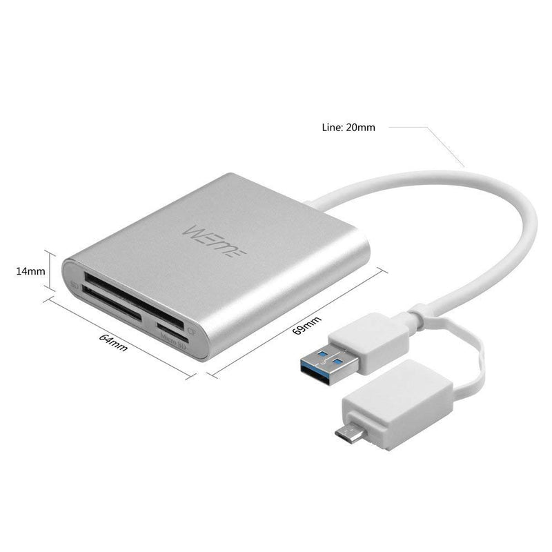 Compact Flash CF Card Reader, WEme Aluminum USB 3.0 Micro SD Card Converter with OTG Adapter for Extreme Pro Professional Sandisk, Lexar SDHC Memory Card and Samsung Galaxy, Mac Mini, Windows, Linux silver