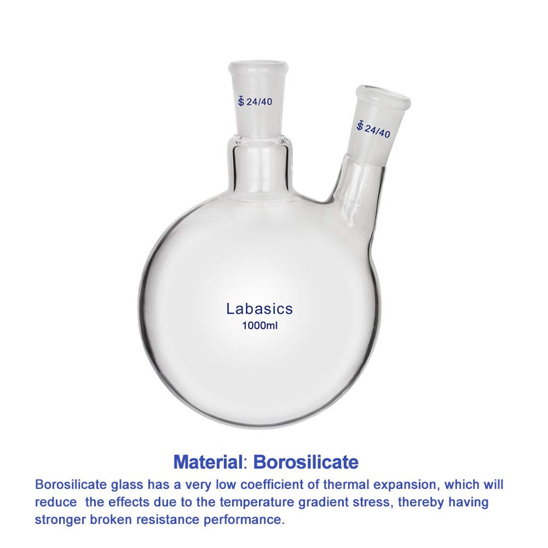 Labasics Glass 1000ml 2 Neck Round Bottom Flask RBF, with 24/40 Center and Side Standard Taper Outer Joint, 1000ml 1000 ml