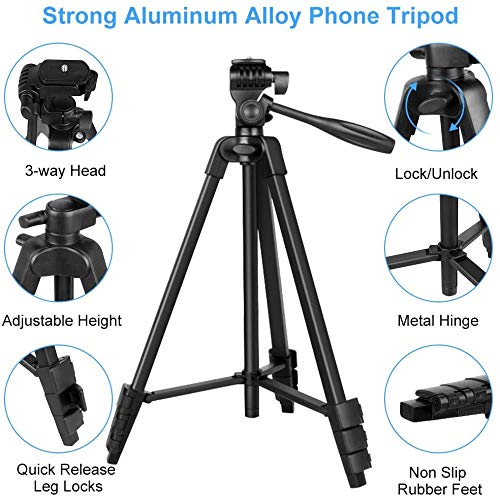 Phone Tripod,54" Adjustable Cell Phone Tripod,Lightweight Tripod 360° Rotation with Bluetooth Remote Control Mount,Portable Bag,Sport Camera Adapter,for iPhone Ipad Smartphone Camera Projector 53“