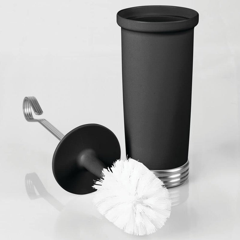 mDesign Compact Freestanding Plastic Toilet Bowl Brush and Holder for Bathroom Storage, Decorative Steel Handle and Base, Non-Skid - Sturdy, Deep Cleaning - Black/Chrome