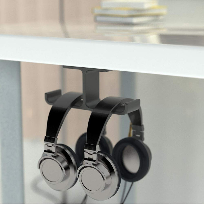 6amLifestyle Headphone Headset Stand Holder Under Desk Dual Headsets Hanger Mount Aluminum, Stick-On Hooks Universal for All Headphones, Black (Patented) 07B-6A