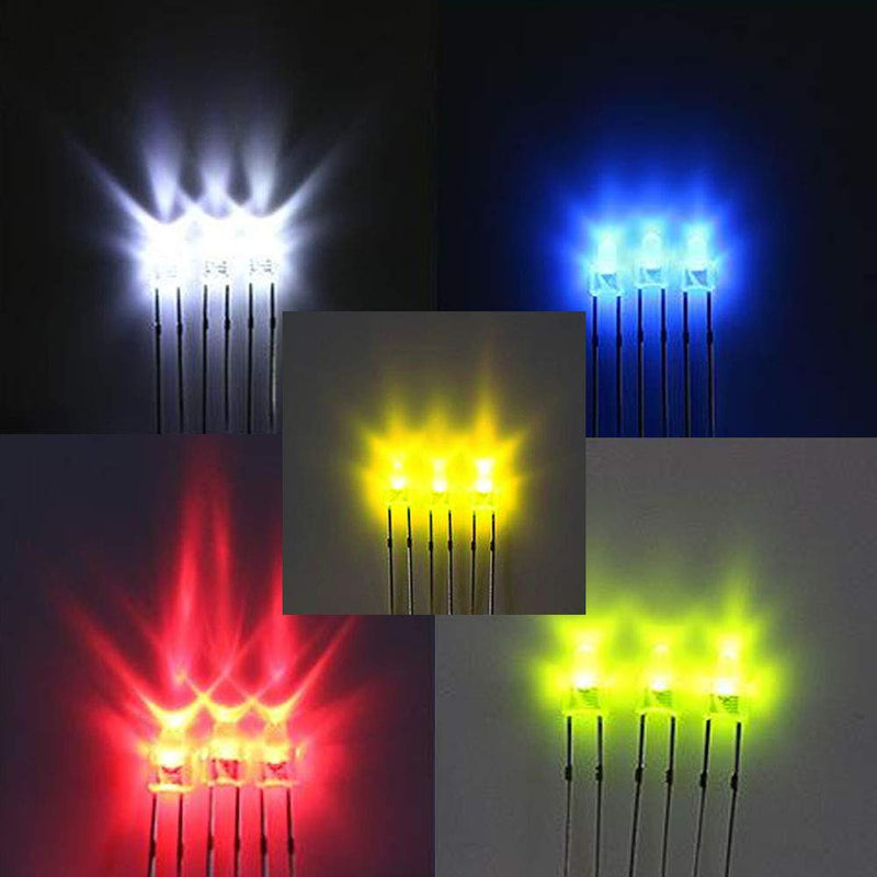 JABINCO 100pcs 3mm LED Light Diodes, Red/Green/Yellow/Blue/White LED Circuit Assorted Kit for Science Project Experiment