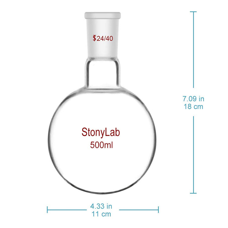 StonyLab Glass 500ml Heavy Wall Single Neck 1 Neck Round Bottom Flask RBF, with 24/40 Standard Taper Outer Joint – 500ml 500 ml