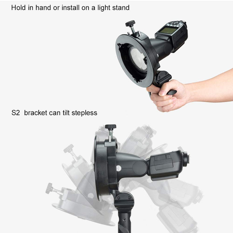 Godox S2 Speedlite S-Type Bracket Bowens Mount Flash Holder for Godox V1 AD200Pro AD400Pro AD200 and Other Flashes, Precise Tilt Control, Large Handle, Integrated Umbrella Mount with Diffuser