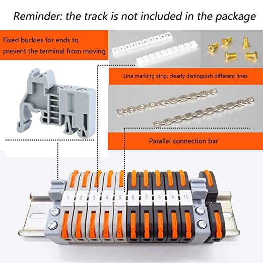 UOHGDPY DIN Rail Terminal Blocks kit,Universal Compact Wire Wiring Connector (20 pcs connectors+2 pcs Article in Parallel+ 2 pcs Digital Identification+2Pcs Fixed clamp+20 pcs Screw) 20 pcs connectors+Article in parallel+ Digital identification+screw