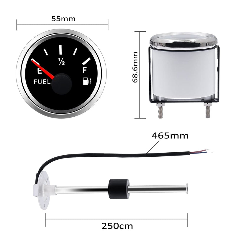 KAOLALI 240~33ohm Marine Fuel Sending Unit 250mm Stainless Steel Fuel Gas Tank Sender + Electric Fuel Level Gauge 52mm Fuel Meter
