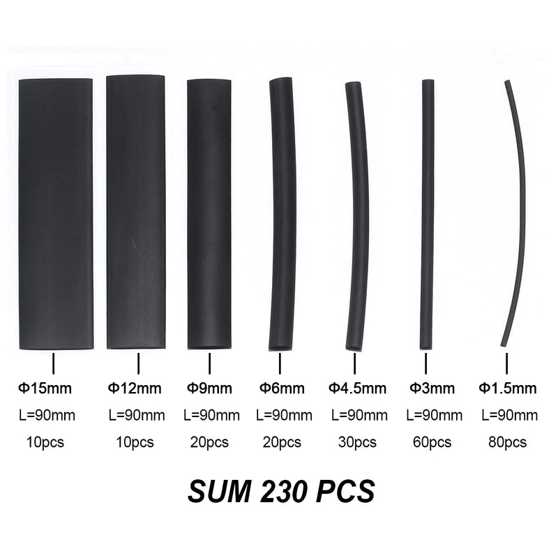 [AUSTRALIA] - RockDIG 230 PCS 3:1 Heat Shrink Tubings Single-Wall(No Adhesive) Diameter 1.5/3/4.5/6/9/12/15 mm Assortment Kit Black 3:1(230 PCS） Single Wall 