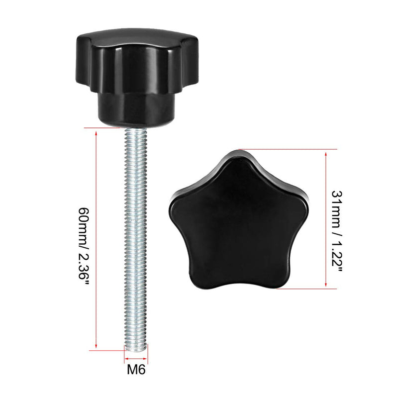 uxcell 5 Pcs Star Knobs Grips M6 x 60mm Male Thread Steel Zinc Stud Black PP