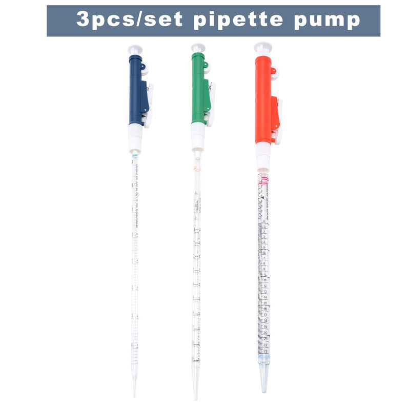 ONiLAB Pipette Pump，Set of 3 Lab Pipettes, 2ml Blue, 10ml Green, 25ml Red, Fit Plastic or Glass Pipettes 2ml 10ml 25ml(3pcs/set)