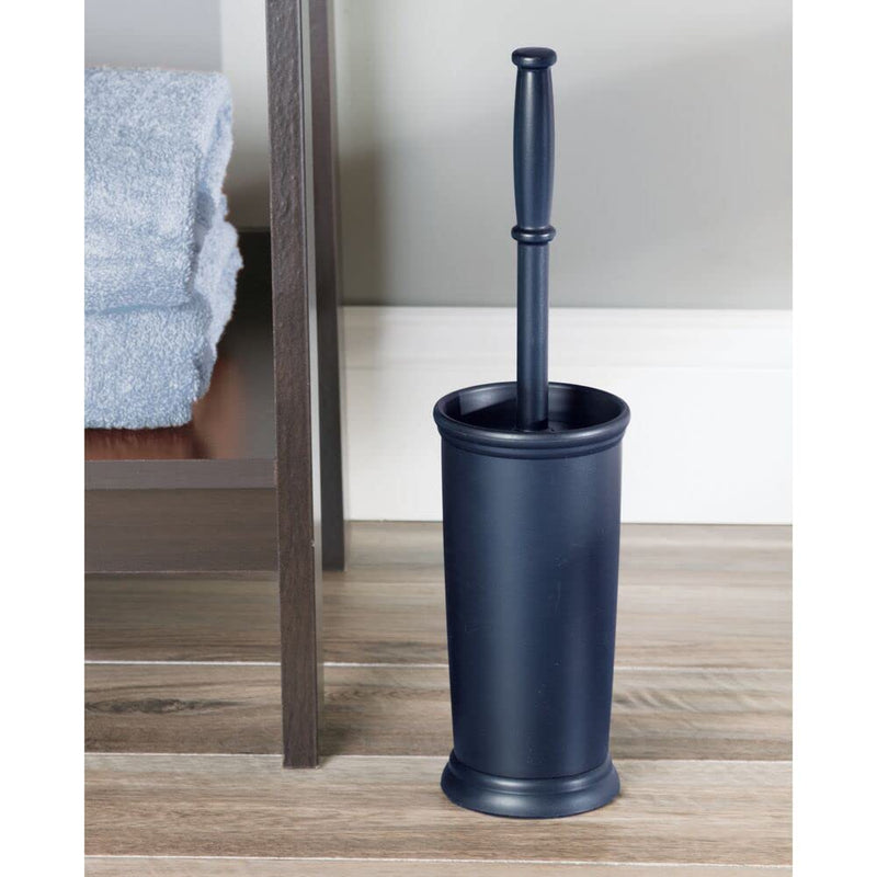 mDesign Compact Freestanding Plastic Toilet Bowl Brush and Holder for Bathroom Storage and Organization - Space Saving, Sturdy, Deep Cleaning, Covered Brush - 2 Pack - Navy